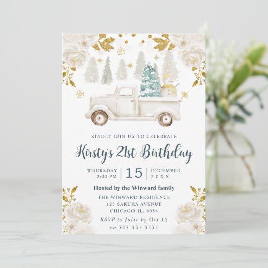 Invitation Hiver Camion blanc et or Fleur Anniversaire (Debout devant)