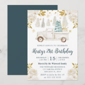 Invitation Hiver Camion blanc et or Fleur Anniversaire (Devant / Derrière)