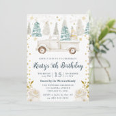 Invitation Hiver Camion Blanc & Or Floral Anniversaire (Debout devant)