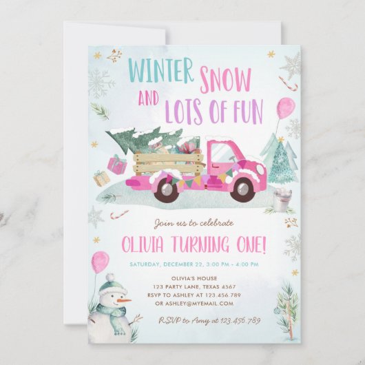 Invitation Hiver Camion rose Fun Fun Fun Fun Girl Premier Ann (Devant)