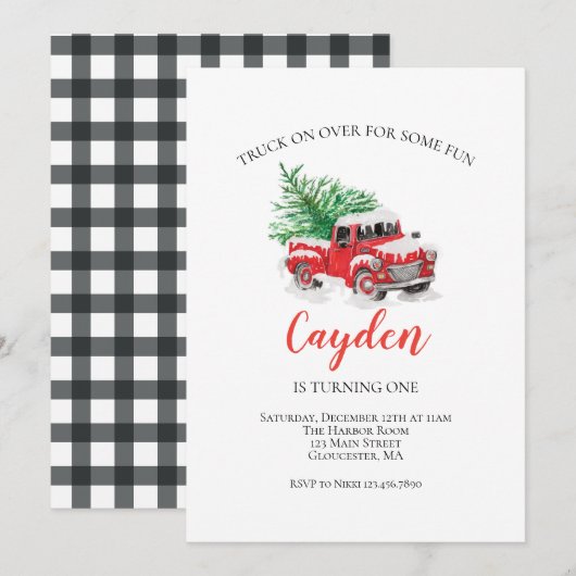 Invitation Hiver Camion Rouge Premier anniversaire (Devant / Derrière)
