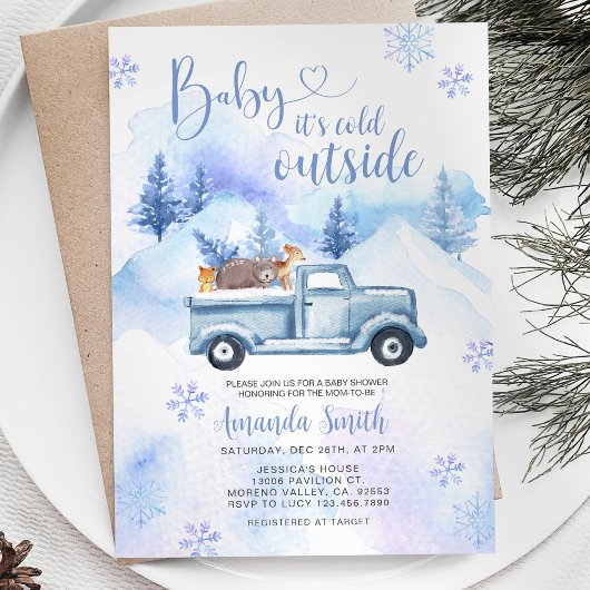 Invitation Hiver Camion Snowflakes Baby shower forestier