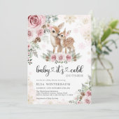 Invitation Hiver Deer Rose rose or Baby shower fille (Debout devant)