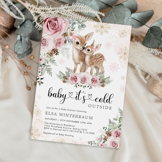 Invitation Hiver Deer Rose rose or Baby shower fille