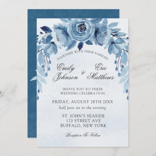 Invitation Hiver Dusty Blue et Marine Oleander Peony Mariage (Devant / Derrière)