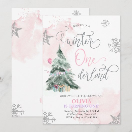 Invitation Hiver Fille Pink hiver Premier anniversaire (Devant / Derrière)
