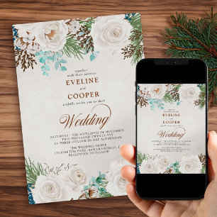 Invitation Hiver Floral Aquarelle Rose blanche Mariage