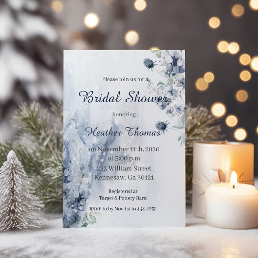 Invitation Hiver Floral Bleu & Fête des mariées Sliver
