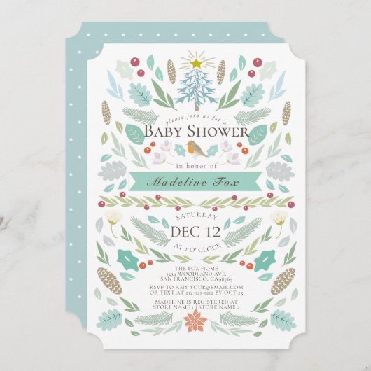 Invitation Hiver Floral Folithe Vacances Baby shower Bleu (Devant / Derrière)