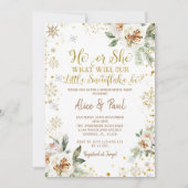 Invitation Hiver Floral Gold Snowflake Révélation genre  (Devant)