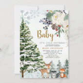 Invitation Hiver Floral Red Baby shower Forêt Animaux (Devant)