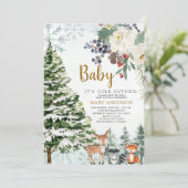 Invitation Hiver Floral Red Baby shower Forêt Animaux (Debout devant)