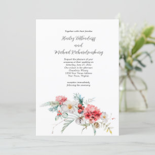 Invitation Hiver Floral Rouge Blush Blanc Vert Mariage