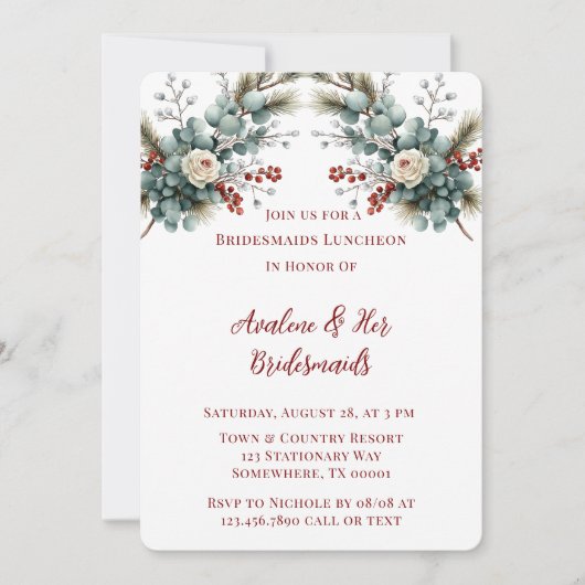 Invitation Hiver Floral Rouge Rose blanche Bridesmaitres Déje (Devant)