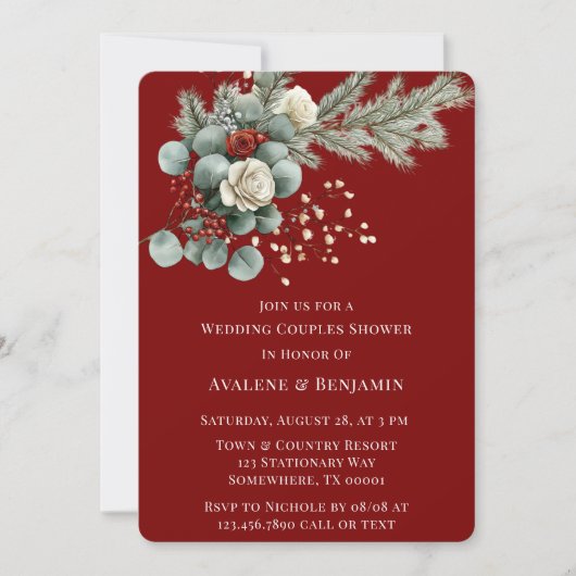 Invitation Hiver Floral Rouge Rose Mariage Couple Douche (Devant)
