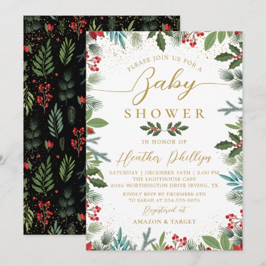 Invitation Hiver Holly Berries Baby shower de Noël (Devant / Derrière)