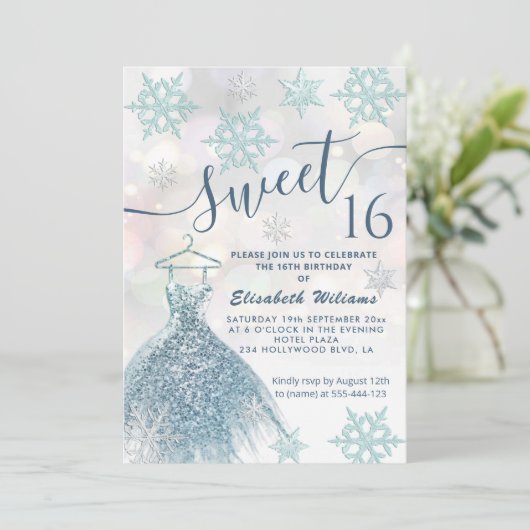 Invitation Hiver merveilleux bleu robe gliterie ombre (Debout devant)