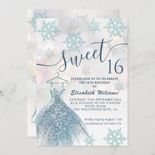 Invitation Hiver merveilleux bleu robe gliterie ombre (Devant / Derrière)