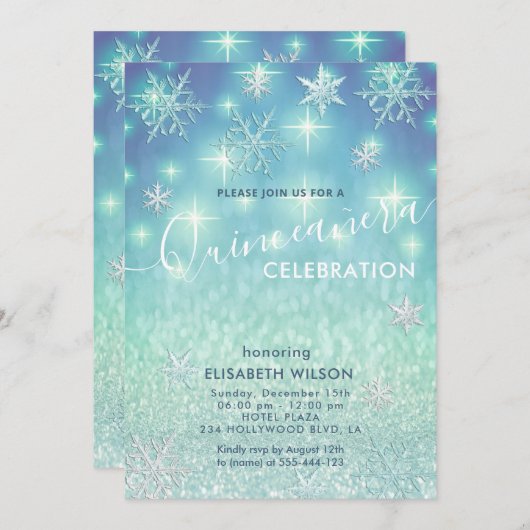 Invitation Hiver merveilleux flocons de neige parties scintil (Devant / Derrière)