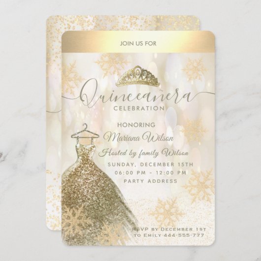 Invitation Hiver merveilleux Gold snowflake bokeh Quinceañera (Devant / Derrière)