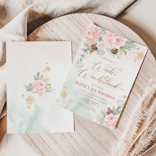 Invitation Hiver merveilleux or rose flacons de neige anniver