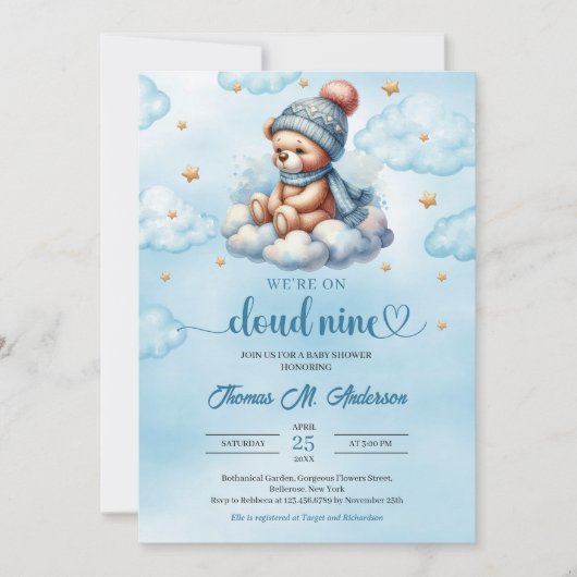 Invitation Hiver mignon ours en peluche nuage neuf Baby showe (Devant)