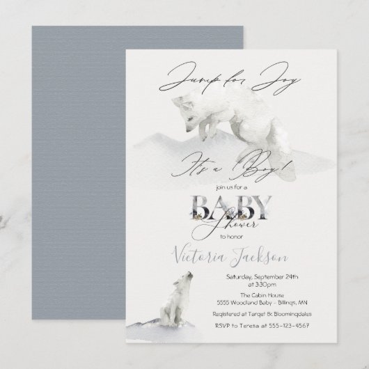 Invitation Hiver Neige Artic White Fox baby shower (Devant / Derrière)