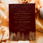 Invitation Hiver neige bordeaux pins forêt mariage<br><div class="desc">Mariage de la forêt de pins d'hiver avec pins dorés montrant un pays merveilleux de bois et de neige blanche,  avec une typographie élégante et moderne sur éditable bordeaux rouge.</div>