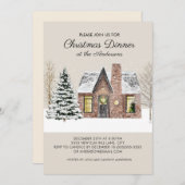 Invitation Hiver Neige Maison Pin Arbre Noël Dîner (Devant / Derrière)