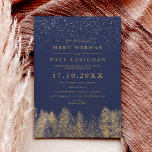 Invitation Hiver neige marine pins bleus mariage de forêt<br><div class="desc">Mariage de forêt de pins d'hiver avec pins dorés montrant un pays merveilleux de bois et de neige blanche,  avec une typographie élégante et moderne.</div>