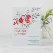 Invitation hiver neige rouge floral mariage photo (Debout devant)