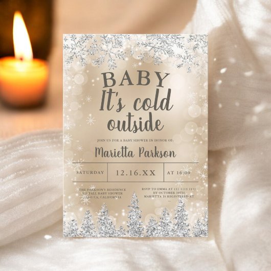 Invitation hiver Noël argent neige baby shower or pin