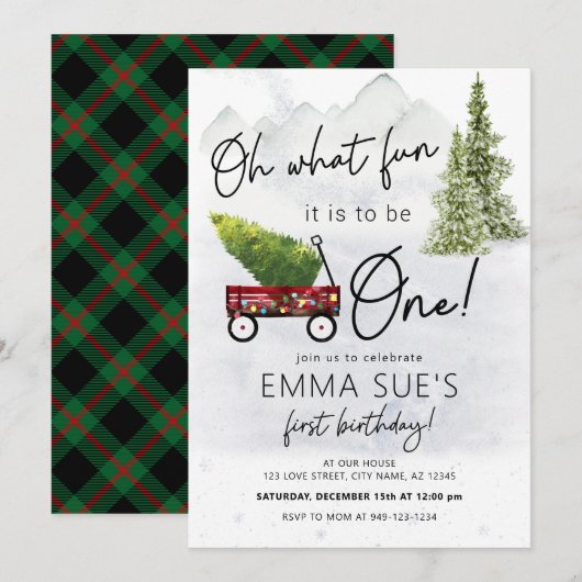 Invitation Hiver Oh Quel plaisir Noël Arbre Premier Anniversa (Devant / Derrière)