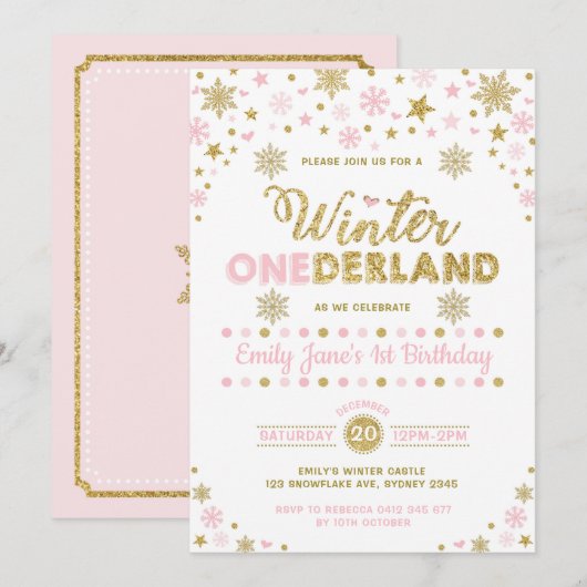 Invitation Hiver ONE derland 1er anniversaire Fête Pink Gold (Devant / Derrière)