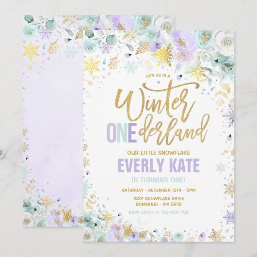 Invitation Hiver ONE derland 1er Anniversaire Mint Lilac Gold (Devant / Derrière)