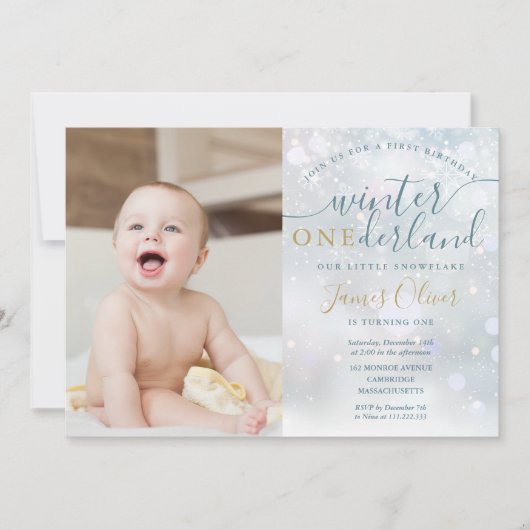 Invitation Hiver ONE derland 1er anniversaire Photo Snowflake (Devant)