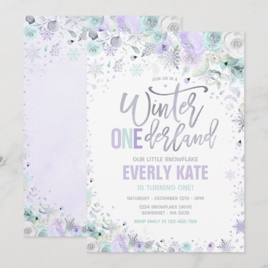 Invitation Hiver ONE derland 1er anniversaire Silver Lilac Pu (Devant / Derrière)