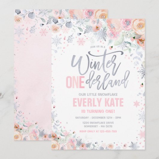 Invitation Hiver ONE derland 1er anniversaire Silver Peach ro (Devant / Derrière)