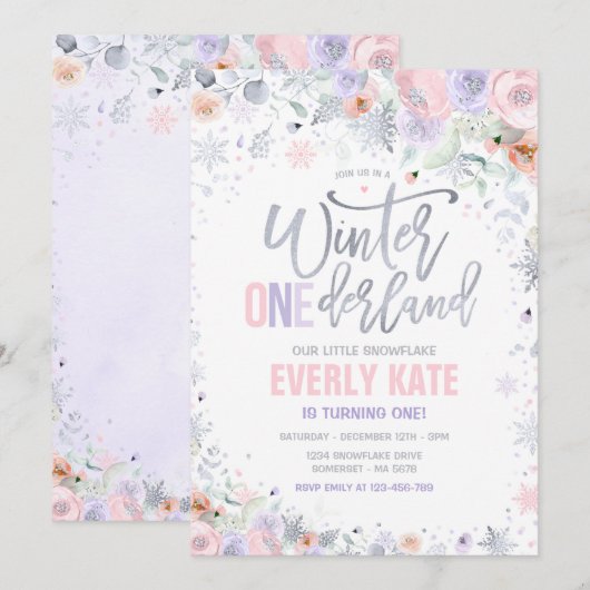 Invitation Hiver ONE derland 1er anniversaire Silver Pink Lil (Devant / Derrière)