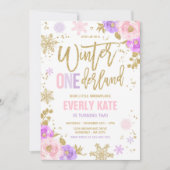 Invitation Hiver ONE derland Anniversaire Gold Pink Snowflake (Devant)