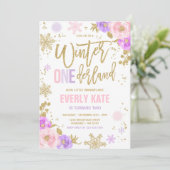 Invitation Hiver ONE derland Anniversaire Gold Pink Snowflake (Debout devant)
