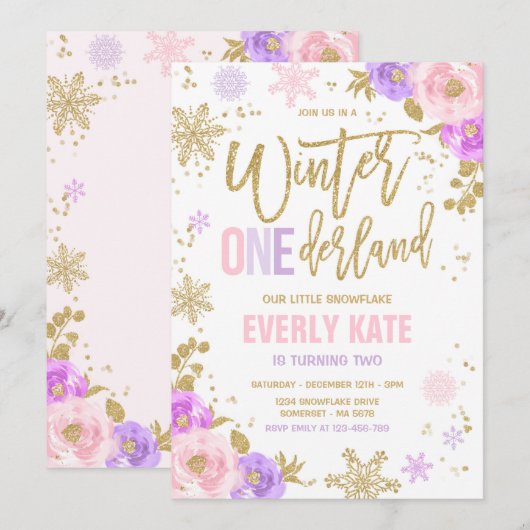 Invitation Hiver ONE derland Anniversaire Gold Pink Snowflake (Devant / Derrière)