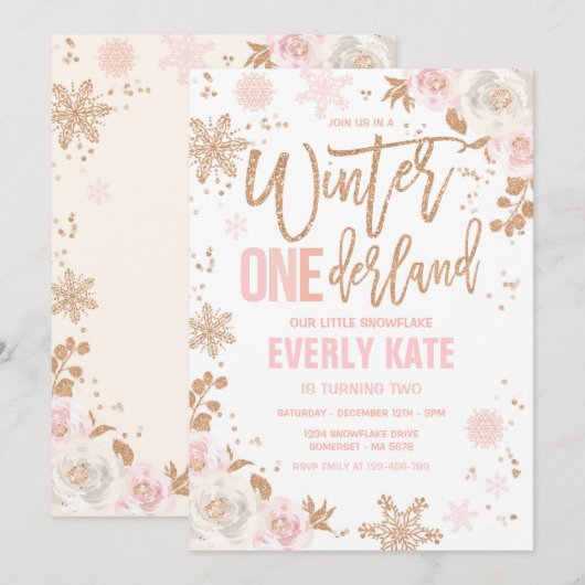 Invitation Hiver ONE derland Anniversaire Rose Or et rose (Devant / Derrière)