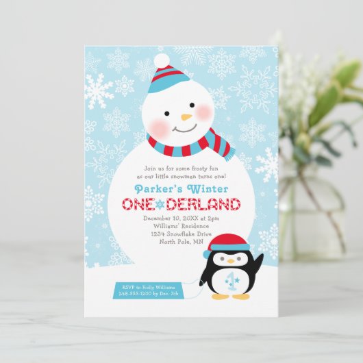 Invitation Hiver ONE derland Anniversaire Snowman et Penguin (Debout devant)