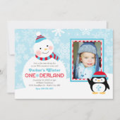 Invitation Hiver ONE derland Anniversaire Snowman Penguin Pho (Devant)