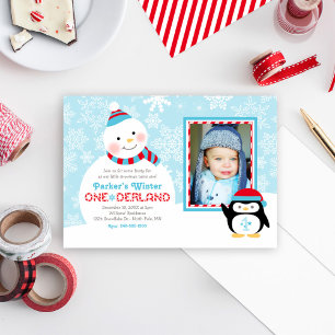 Invitation Hiver ONE derland Anniversaire Snowman Penguin Pho
