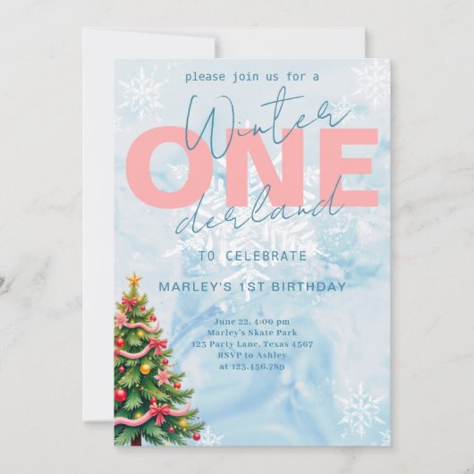 Invitation Hiver ONE derland Arbre neige bleu 1er anniversair (Devant)