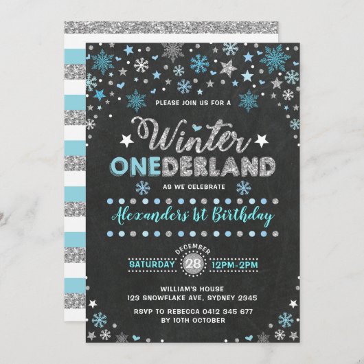 Invitation Hiver ONE derland Blue Silver Snowflakes Anniversa (Devant / Derrière)