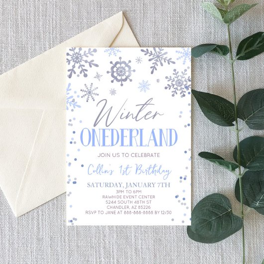 Invitation Hiver ONE derland Blue Snowflake fête d'anniversai