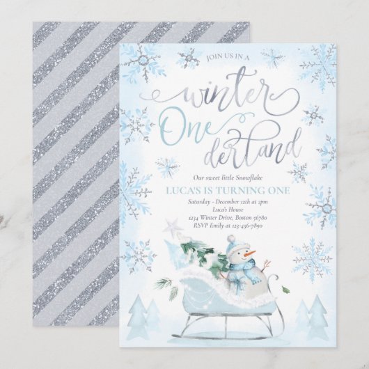 Invitation Hiver ONE derland Blue Winter Sleigh 1er anniversa (Devant / Derrière)